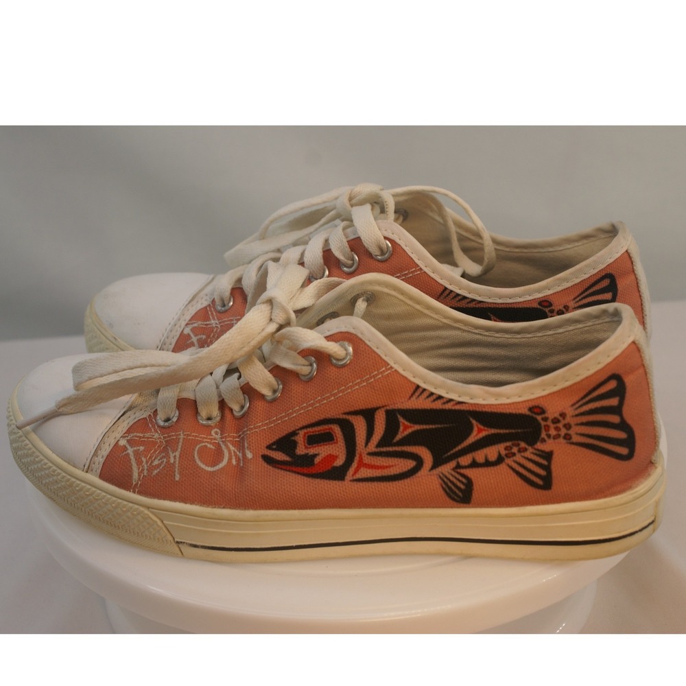 Fish On Salmon Canvas Low Top Sneakers PNW Native Art Style Women 6 EU 39